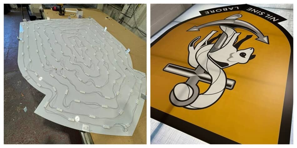 A collage of the front and back of the school logo/crest with attached lighting.